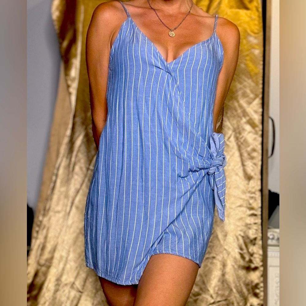 Small blue and white spaghetti strap wrap dress
